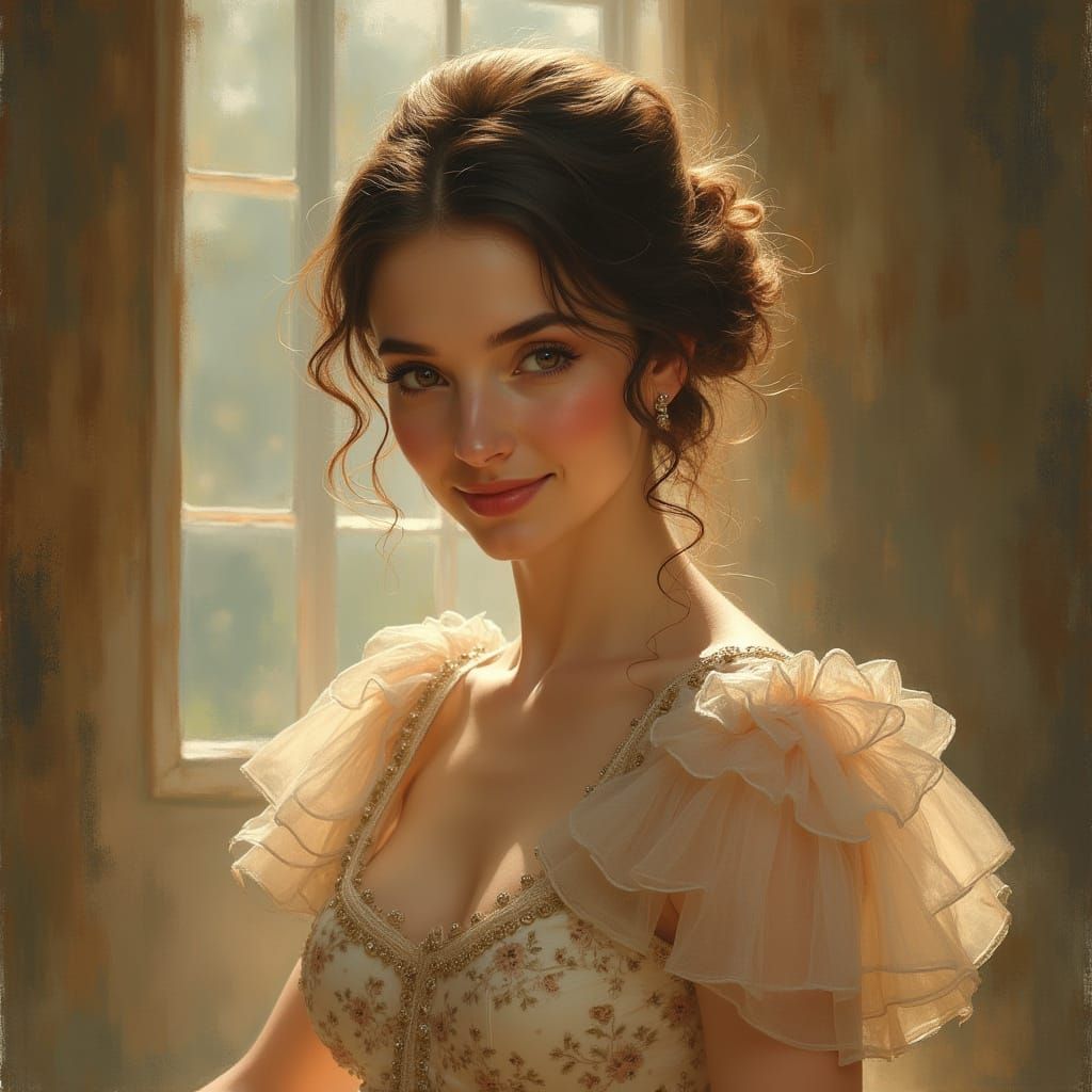Elegant Woman in Luxurious Outfit, Romantic Oil Painting Sty...
