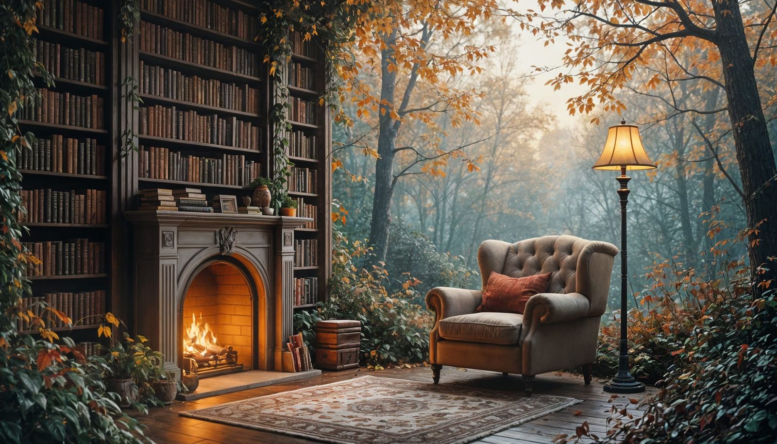 Cozy Autumn Forest Reading Nook with Fireplace