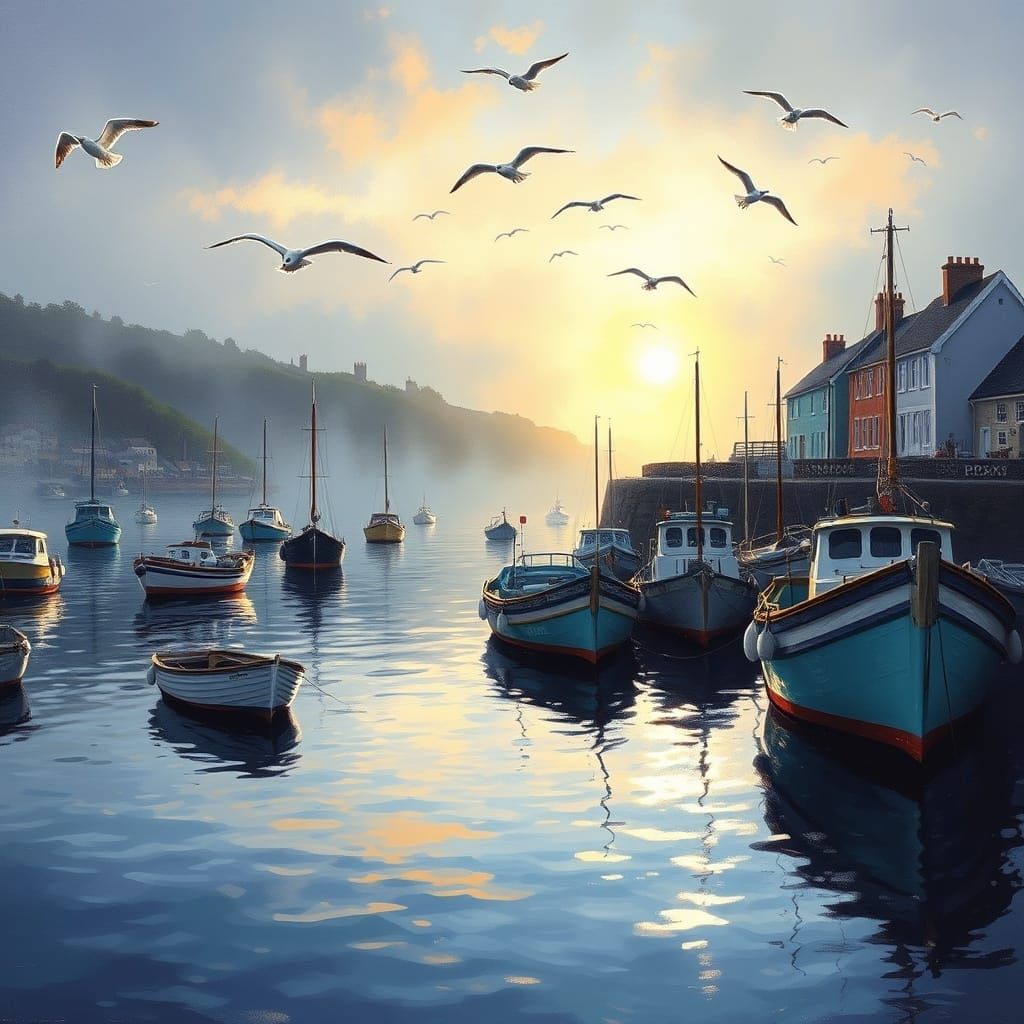Cornish Harbour Sunrise: Boats and Cottages in Luminous Oil ...