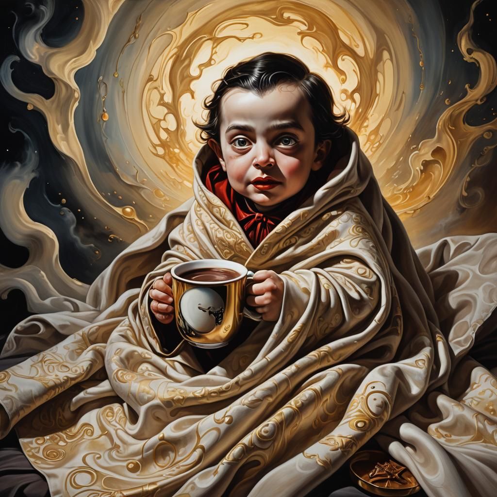 Baby Dracula with Hot Chocolate in Surreal Style