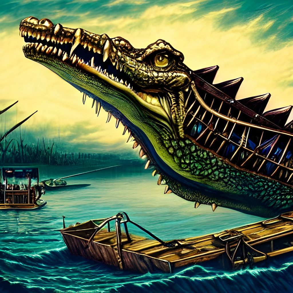 Steampunk Crocodile Attack: Hyperrealistic Photoillustration