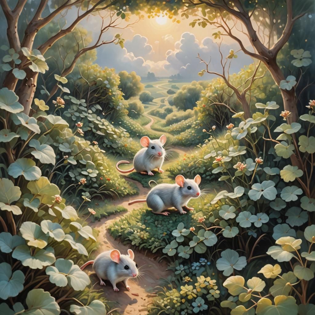 Mice in Bush Maze: Whimsical Oil Painting