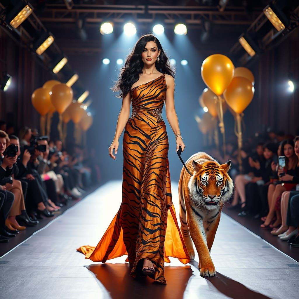 Sleek Woman Strides Down Catwalk with Confident Tiger