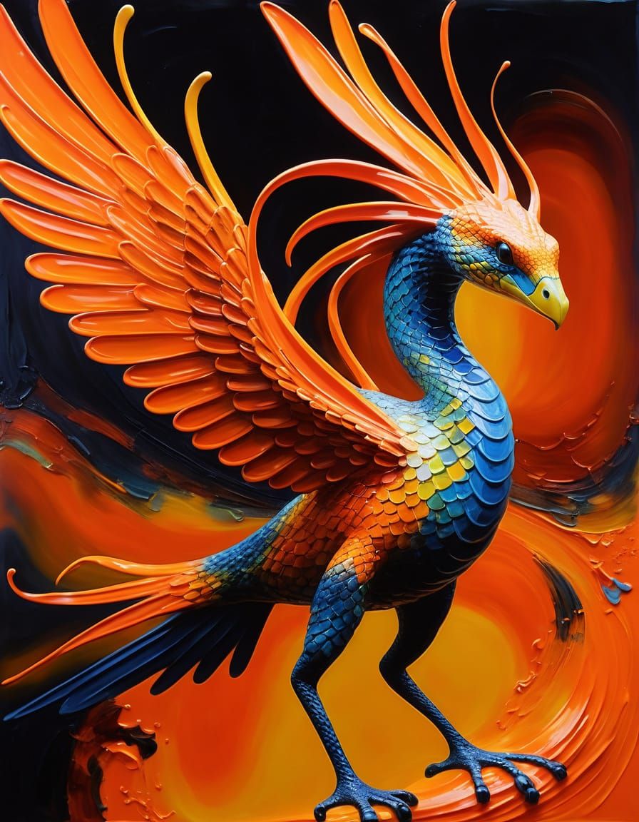 Abstract Orange Winged Serpent in Impasto Style