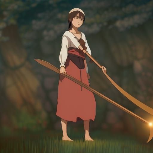 Woman with Scythe in Ghibli Anime Style