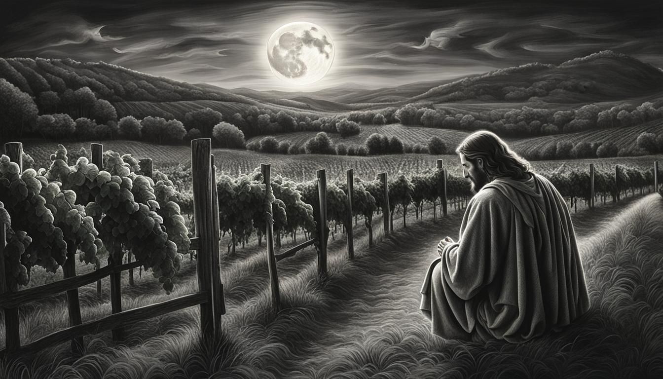 Jesus Praying in Vineyard: Charcoal Drawing
