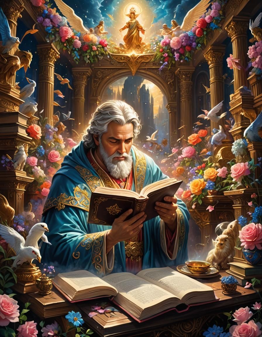 Heavenly God Writes Book of Love: Pastel Oil Painting