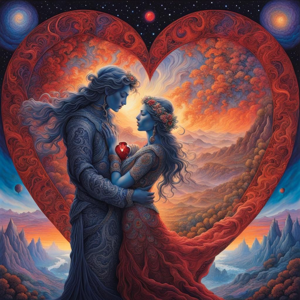 Lovers Embrace with Crystal Heart in Ethereal Style