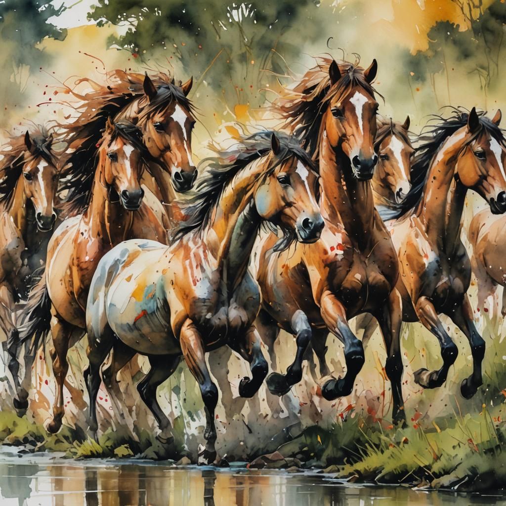 Wild Horses in Lush Meadow: Punk Ink Watercolour