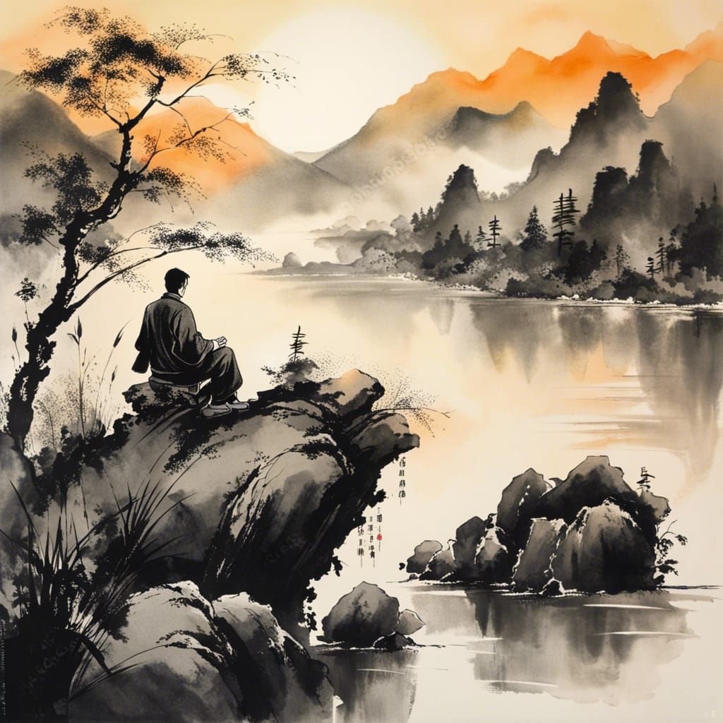 Peaceful Mountains: Chinese Ink Painting at Sunset