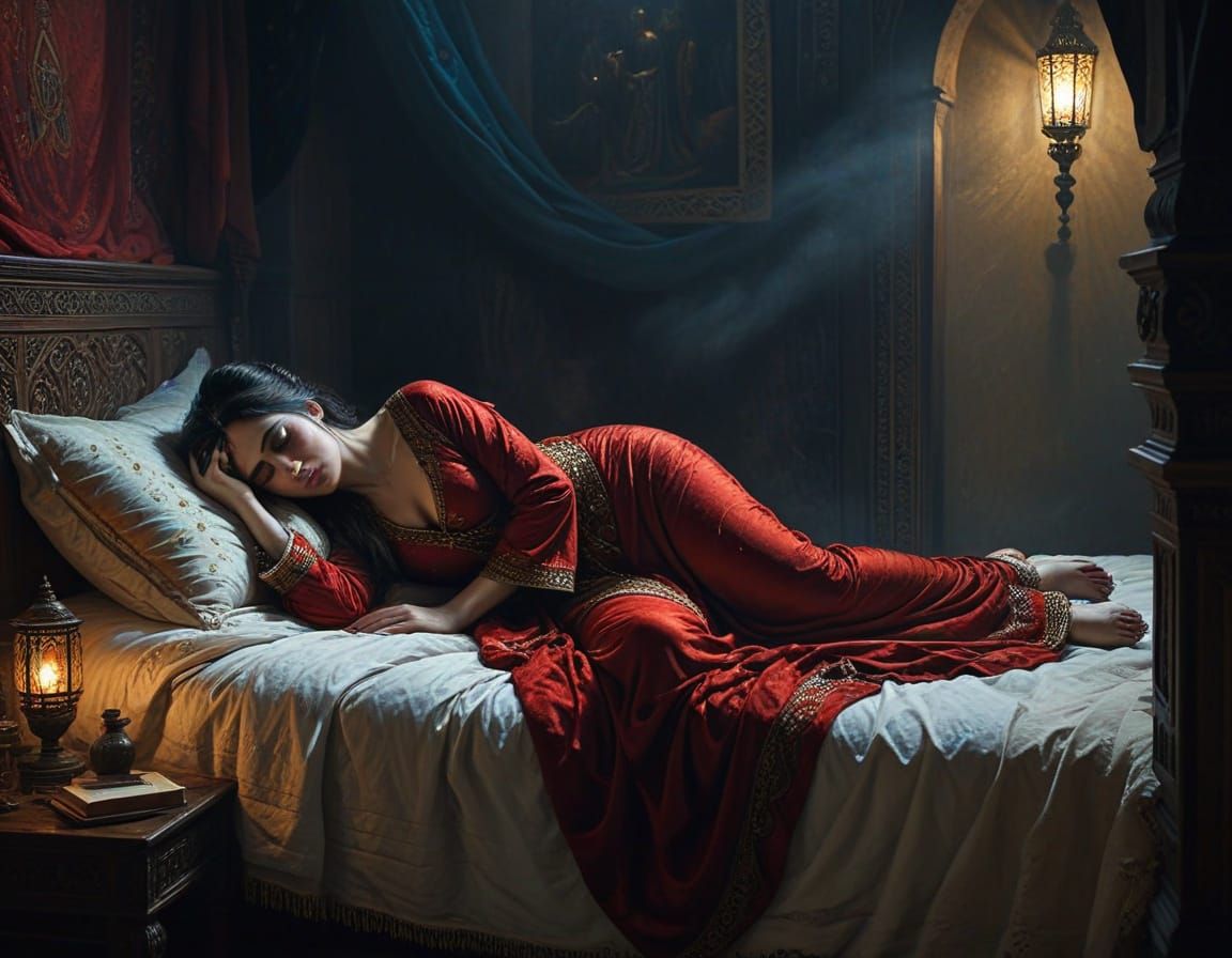 Scheherazade Reading a Book in Dramatic Moonlight