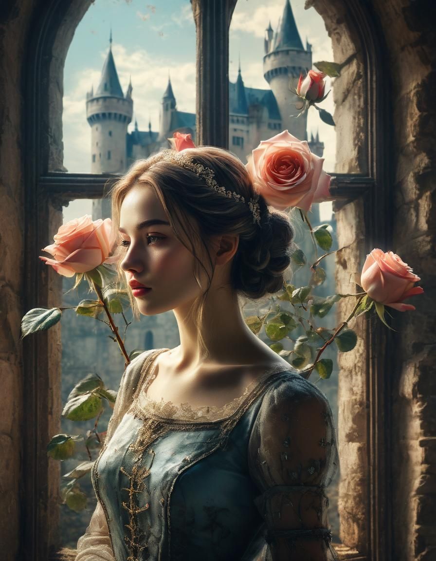 Beautiful Girl and Rose in Castle Hall