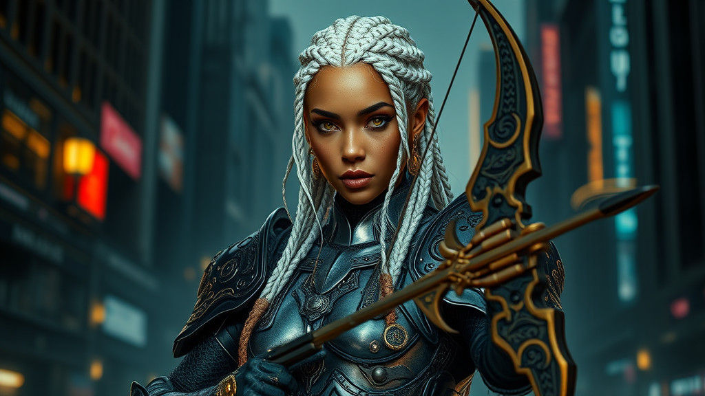 Cyberpunk Woman with Braided Hair in Dystopian City