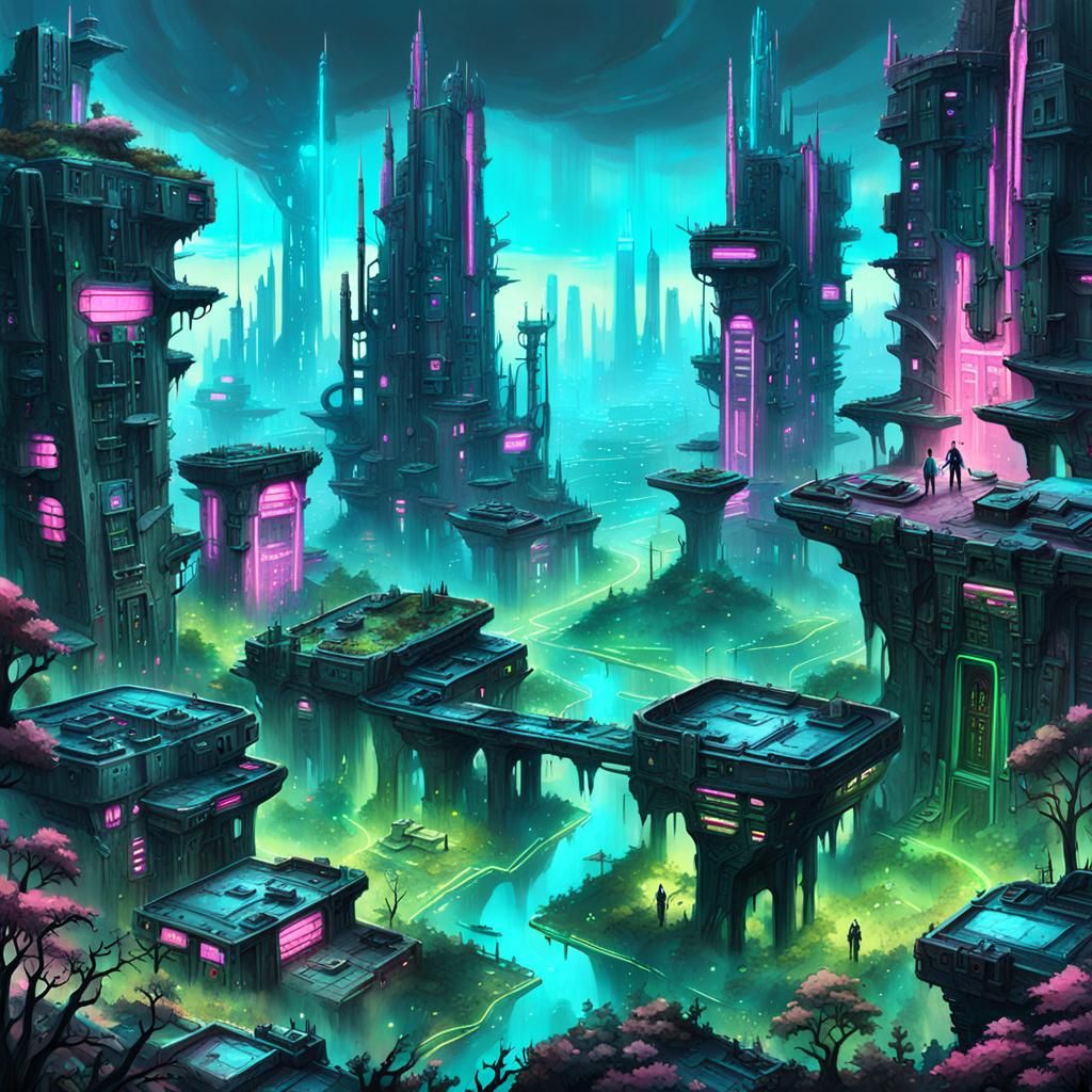 Cyberpunk Cityscape: Aerial View of Ruins and Magic