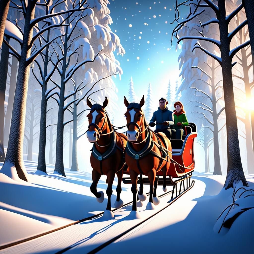 Couple in Sleigh Ride Through Snowy Landscape
