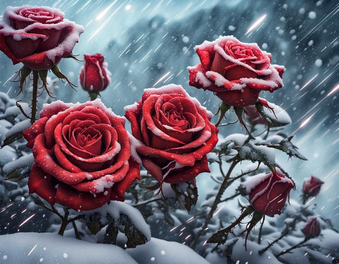 Red Roses in Snow: Hyperrealistic Winter Illustration