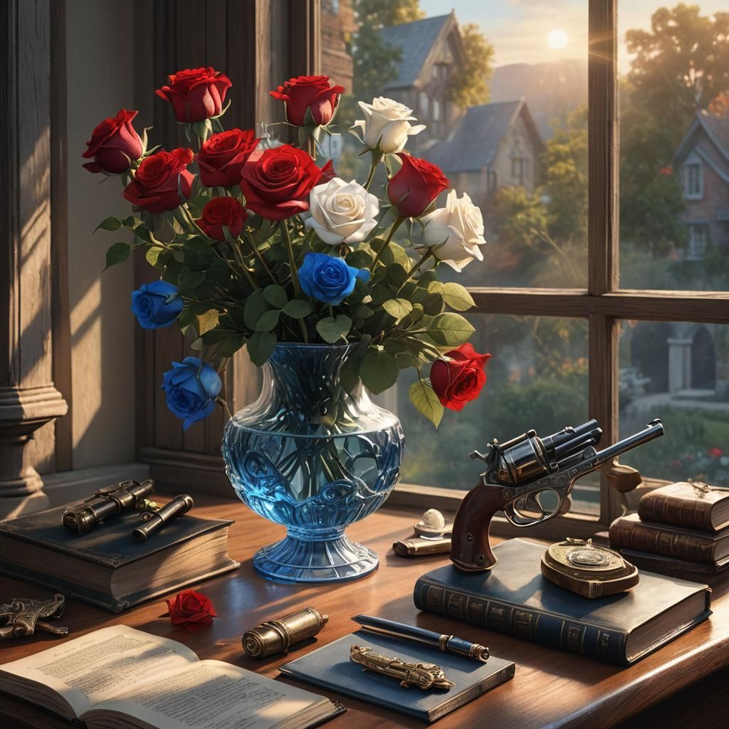 Still Life: Roses, Bible, and Flintlock Pistol