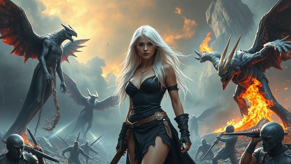 Battle-Hardened Nephilim Warrior in a Chaotic Battlefield