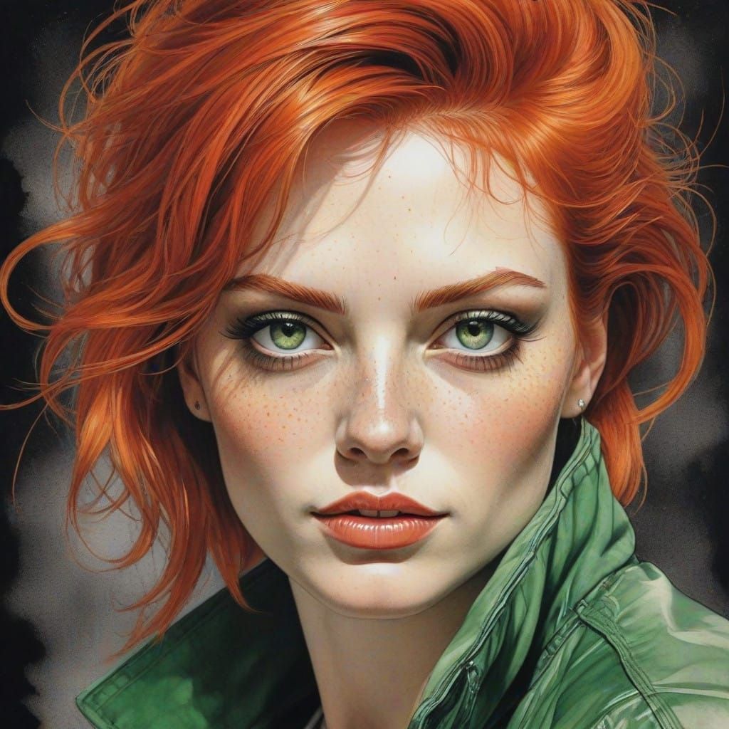 Glamorous Redheaded Woman in Punk Chic Attire