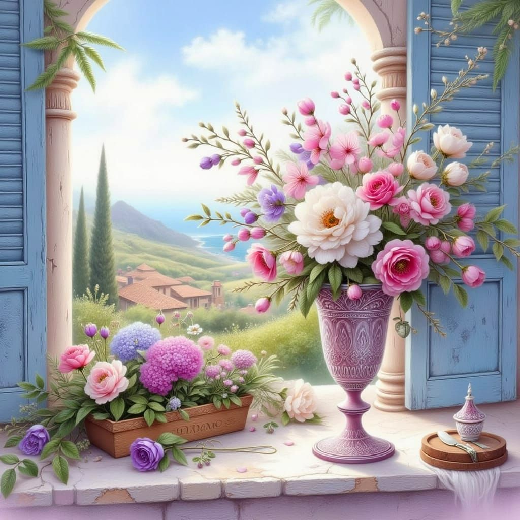 Ethereal Crystal Vase Filled with Delicate Flowers in a Medi...