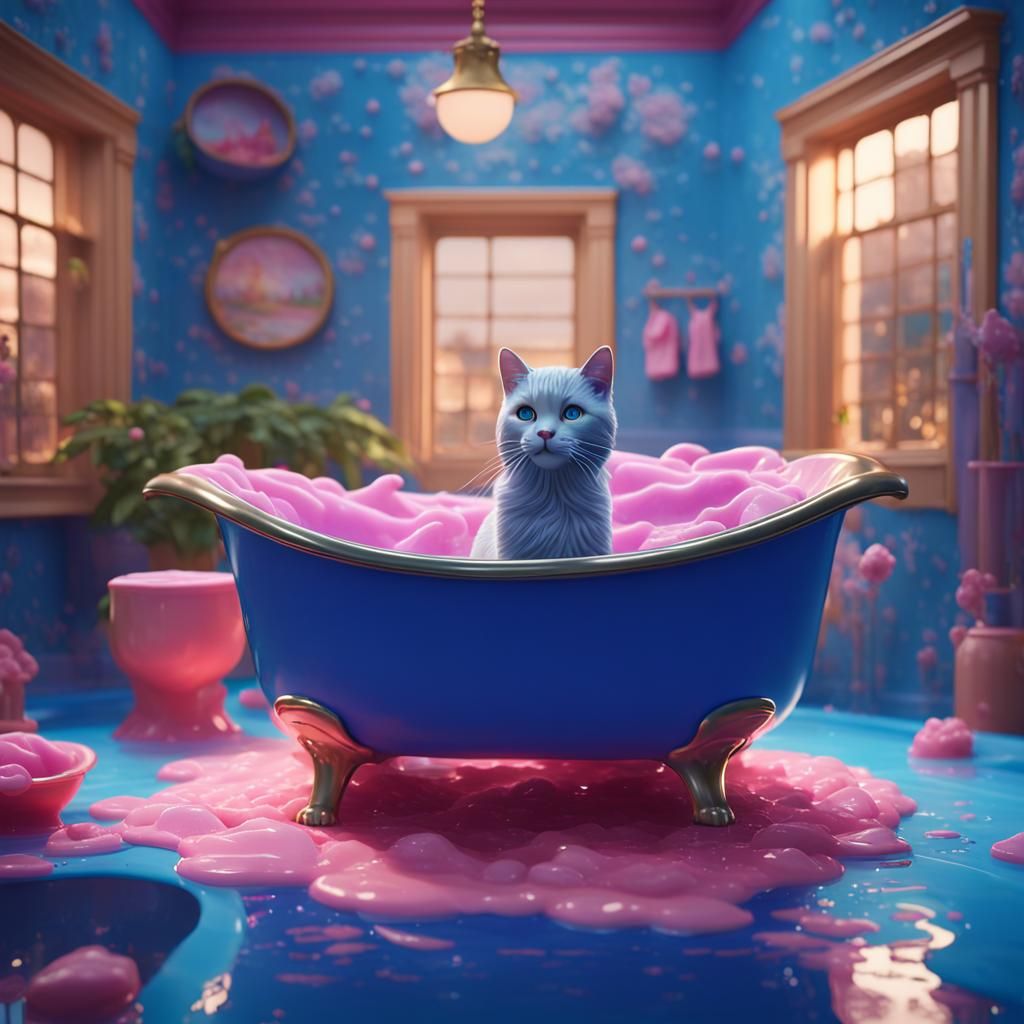 Barbie Cat Bathing in Blue Tub: Matte Painting