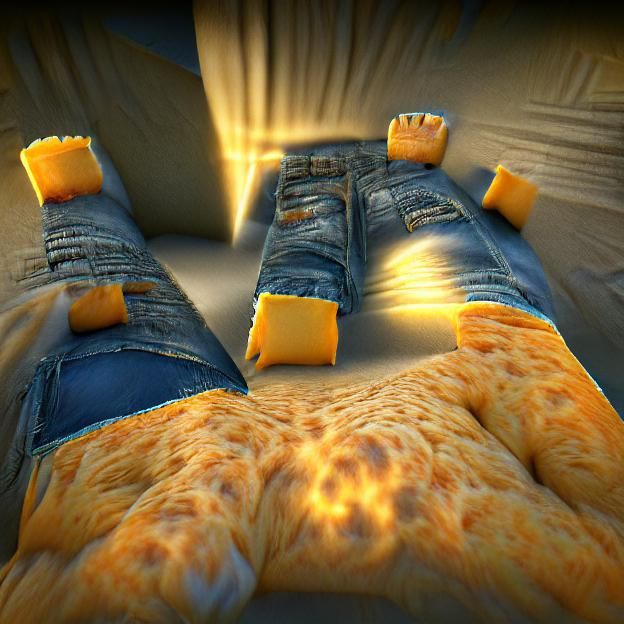Cheese Block in Jeans with Volumetric Lighting