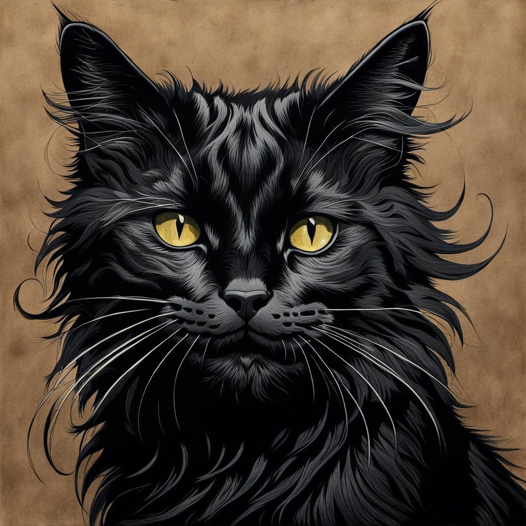 Sinister Smiling Cat Black Ink Hand Drawing