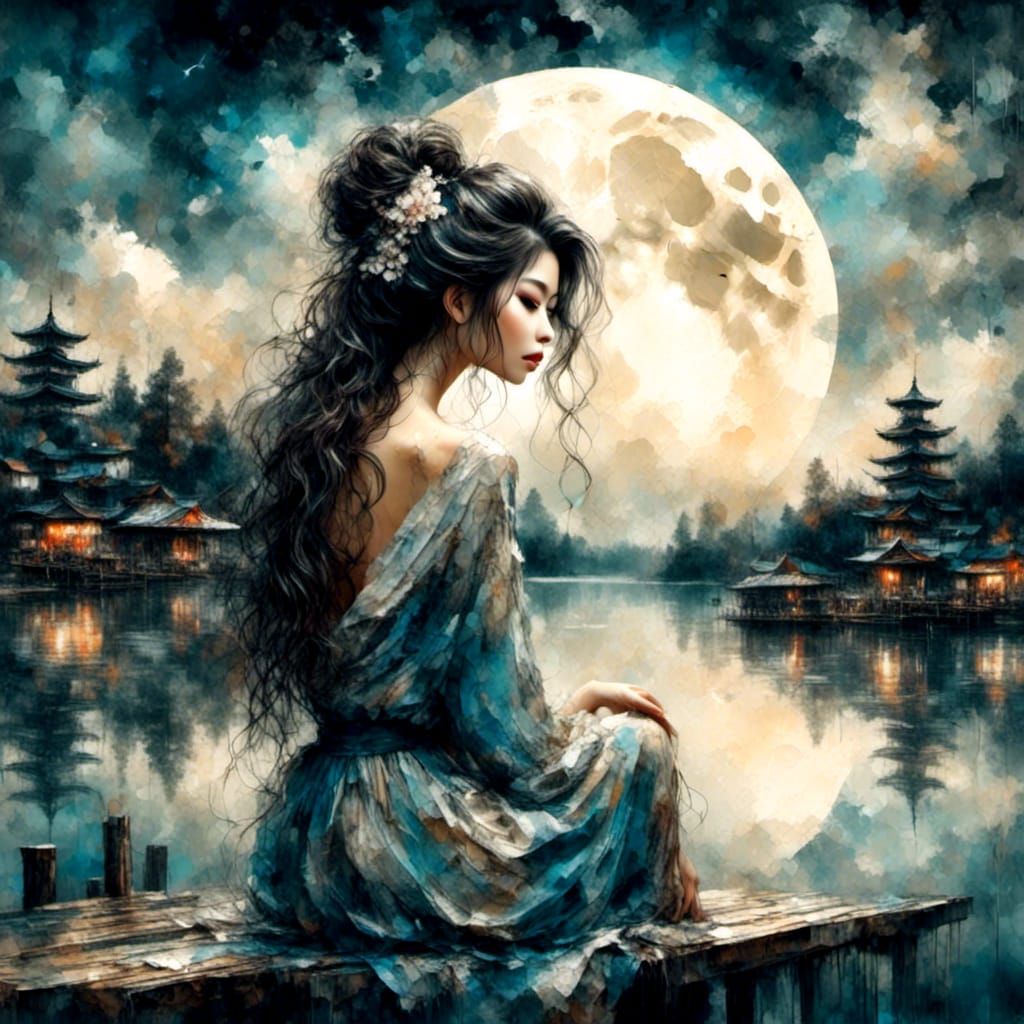 Geisha Under Moonlight: Impasto Oil Painting