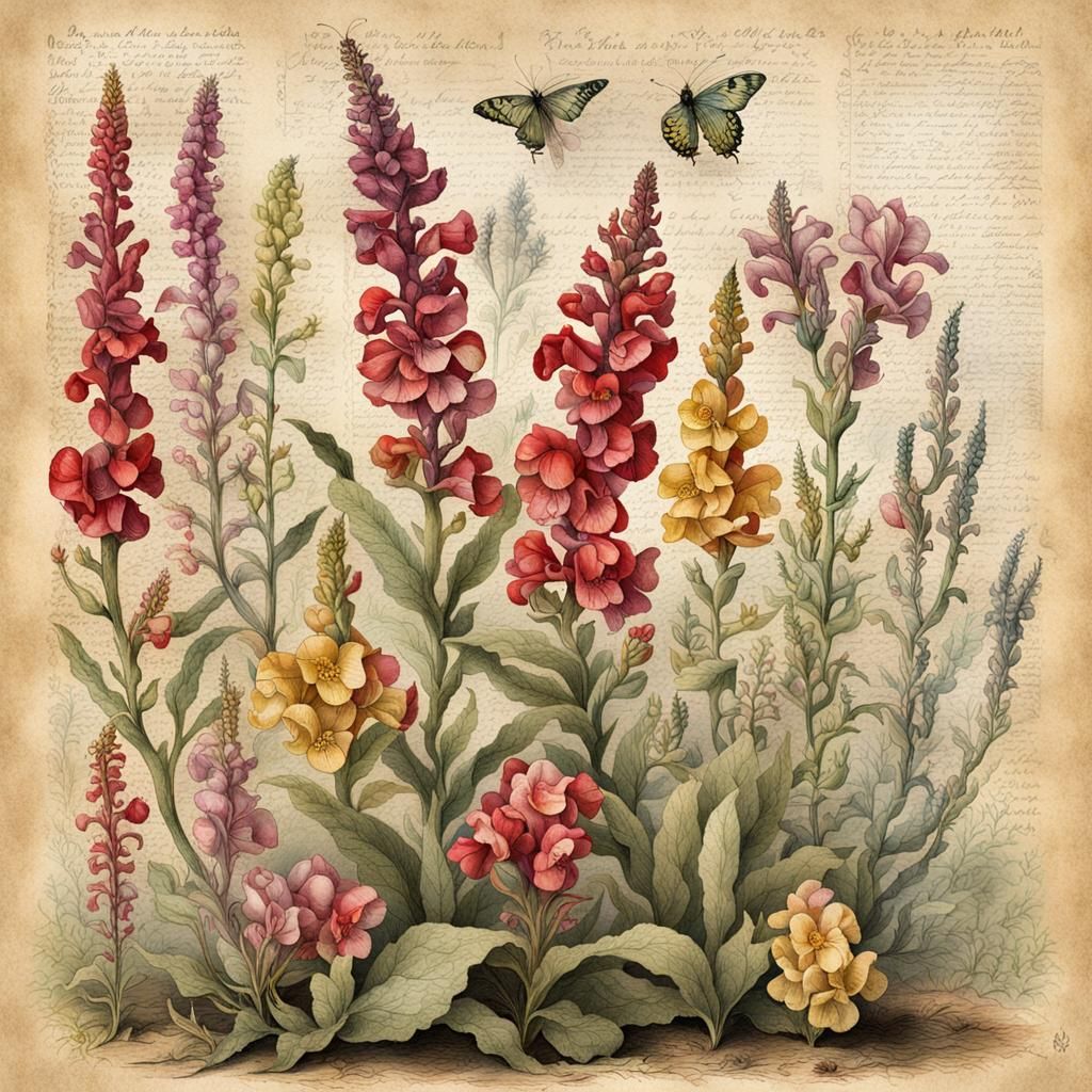 Botanical Ink Illustration of Snapdragon Plants
