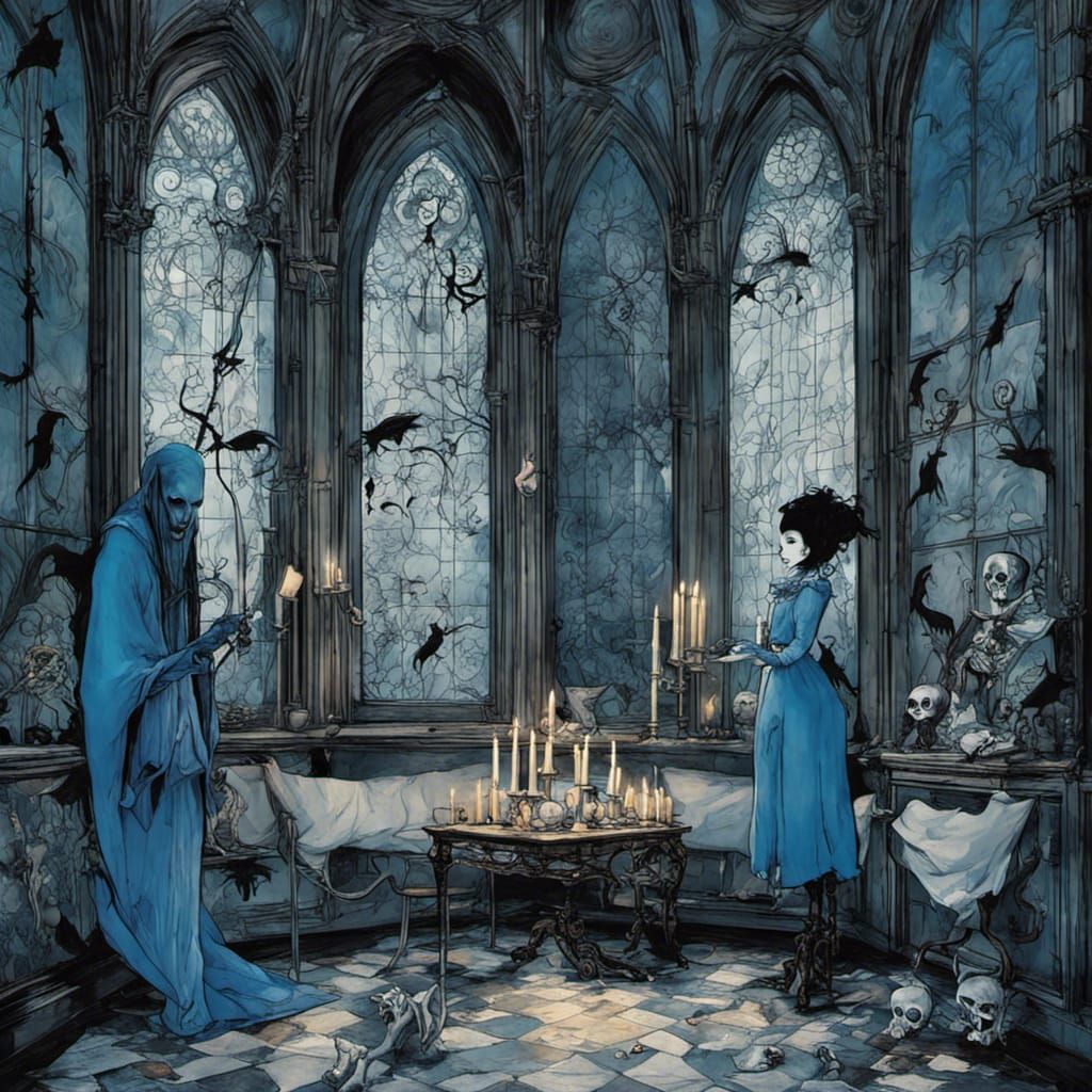 Gothic Blue Room with Stained Glass Windows