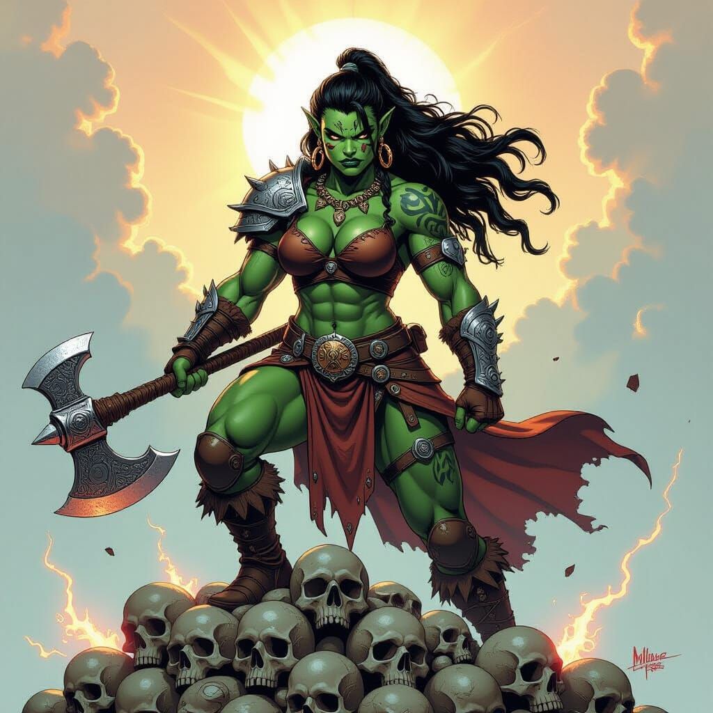Half-Orc Barbarian Queen on Mountain of Skulls