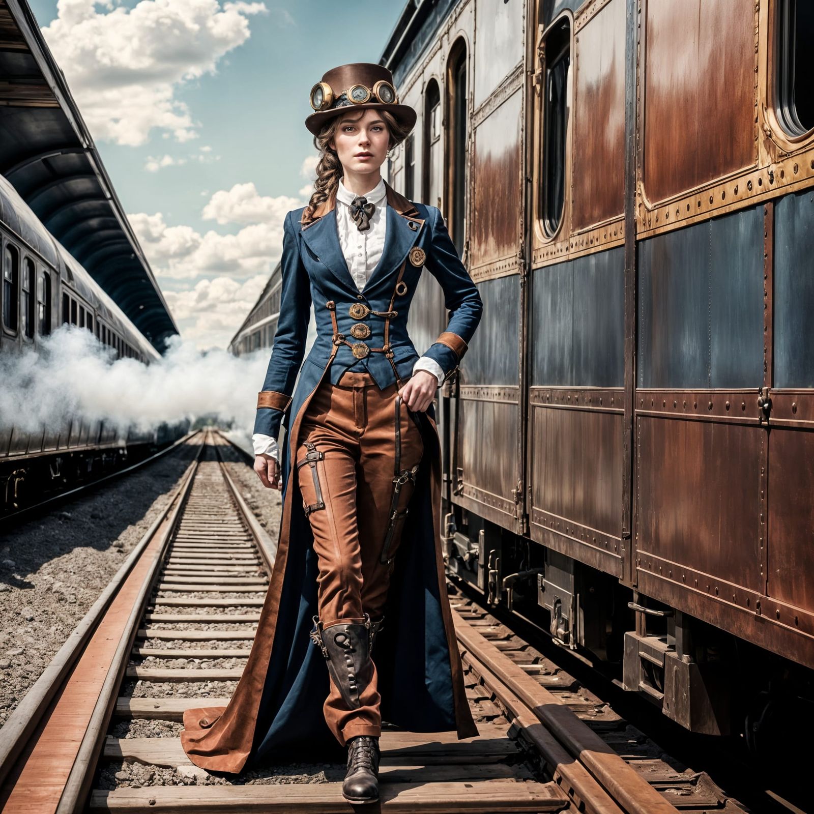 Steampunk Woman in Pantsuit Boarding Train
