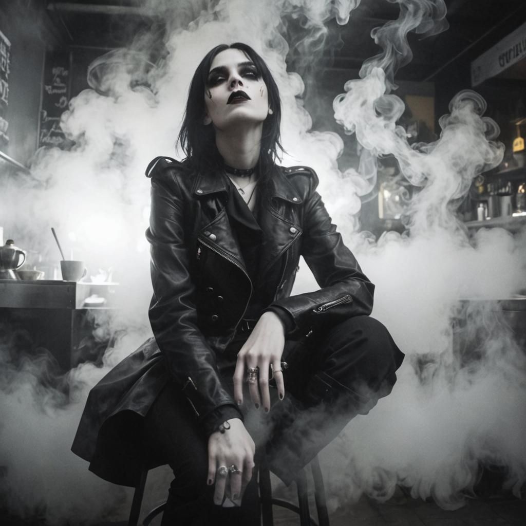 Goth Model in Neon-Lit Coffee Shop