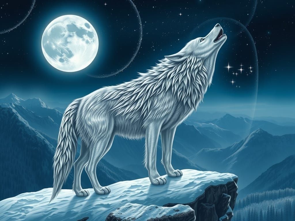 Silver Wolf Howling at the Moon