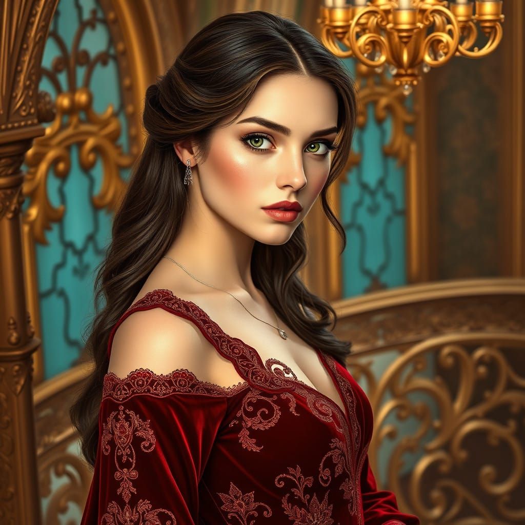 Regal Russian Princess in Elegant Dark Red Velvet Gown