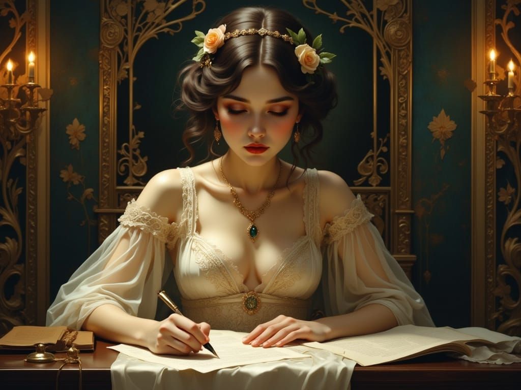Elegant Woman Writing Letter in Art Nouveau Style