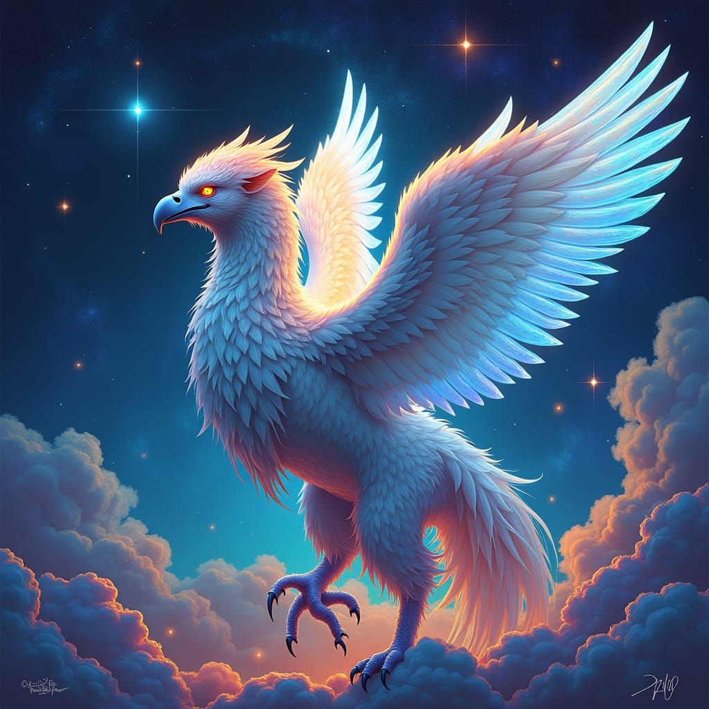 Iridescent Griffin in Cosmic Dreamscape