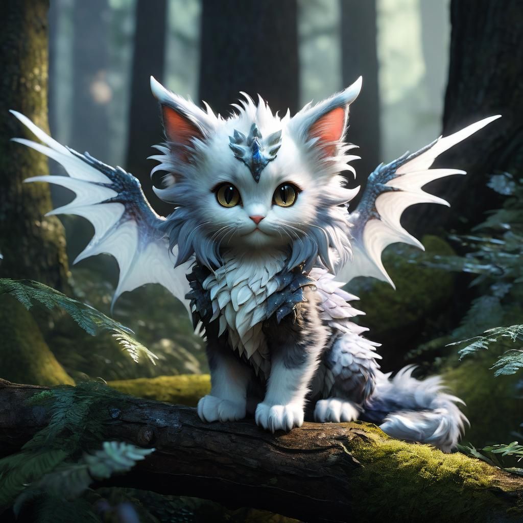 Adorable Winged Dragon Kitten in Misty Forest