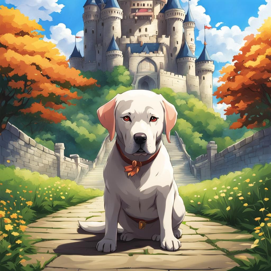 Bald Man and Dog with Castle: Anime Style