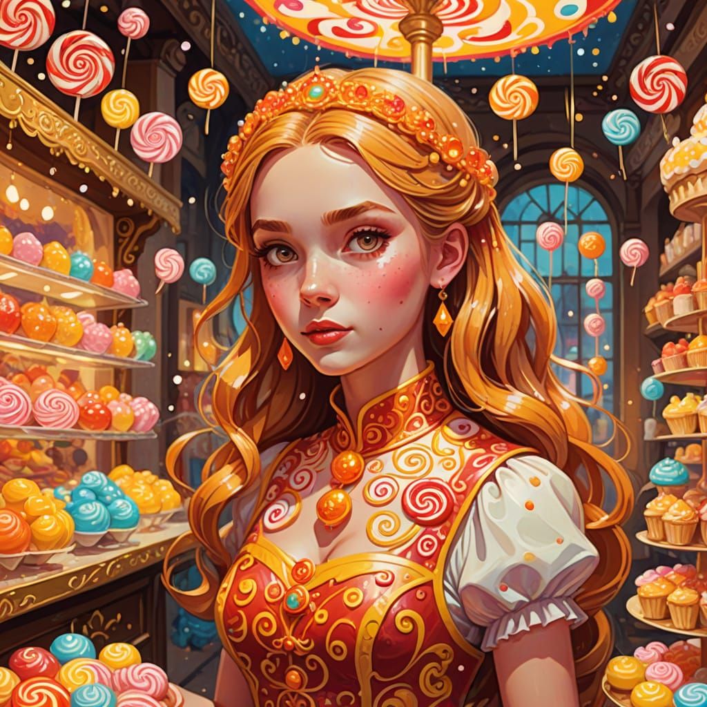 Whimsical Fire Princess in a Sweet Shop Gouache Painting