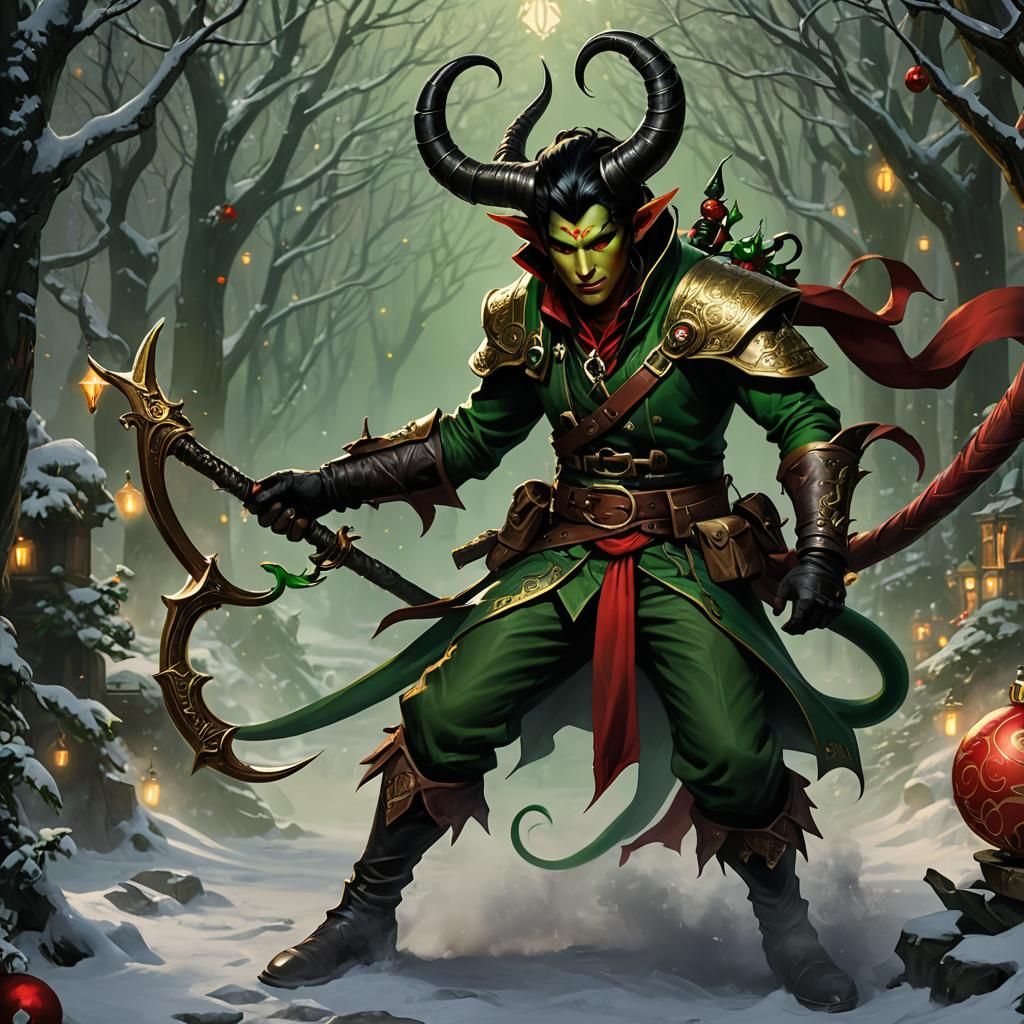 Tiefling Rogue with Christmas Flail: Fantasy Art