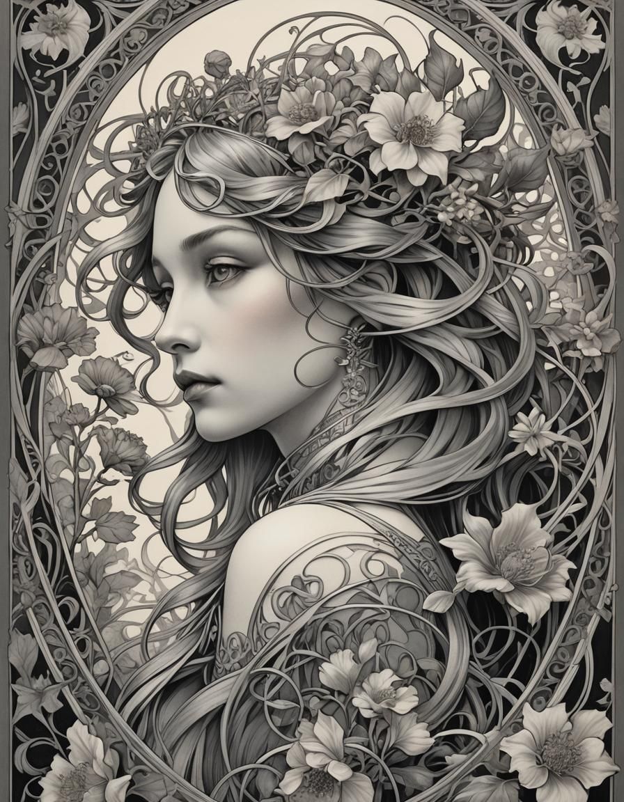 Art Nouveau Pencil Drawing of Bethlehem Stable Scene