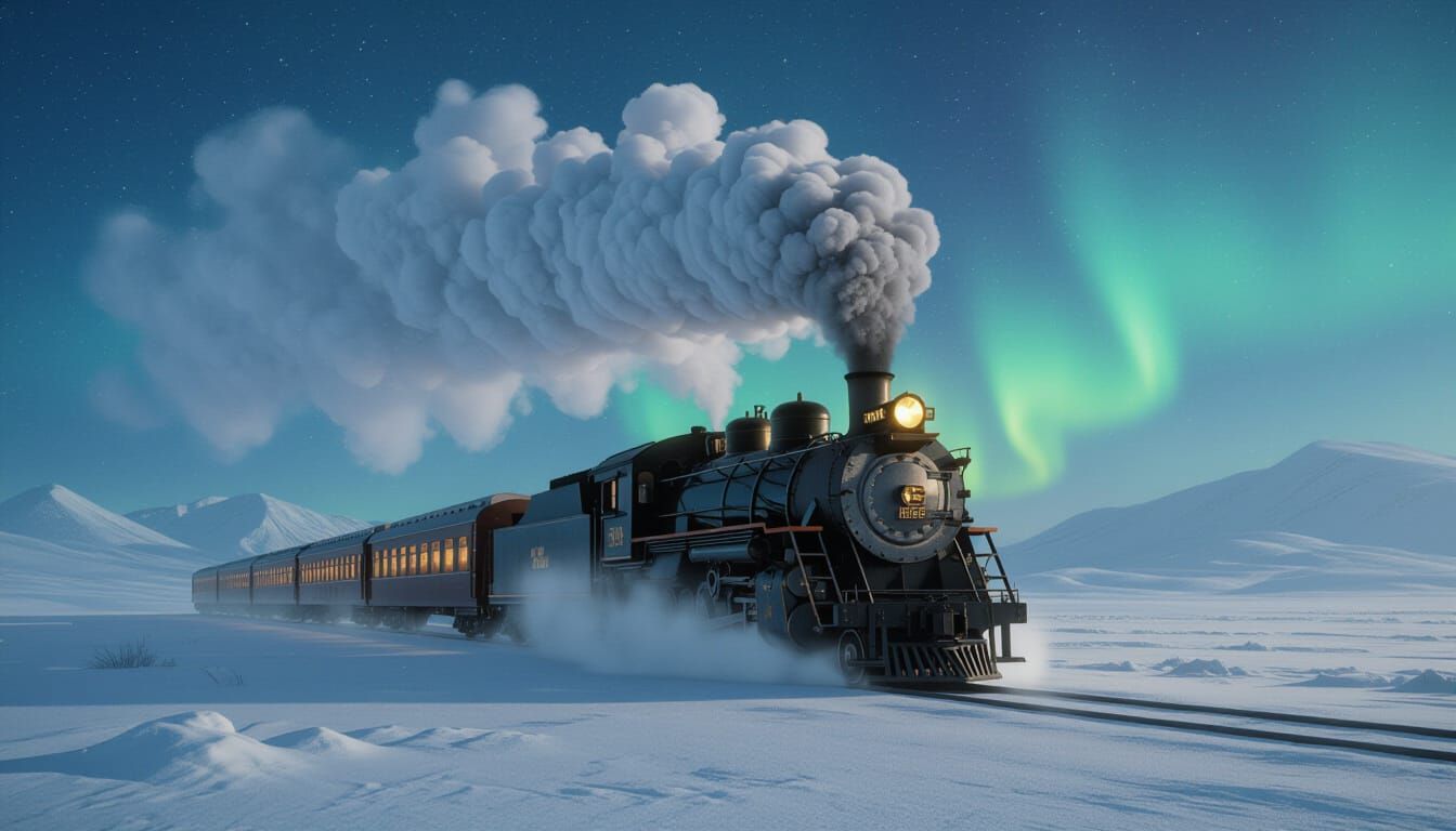 Vintage Steam Train Under Aurora Borealis