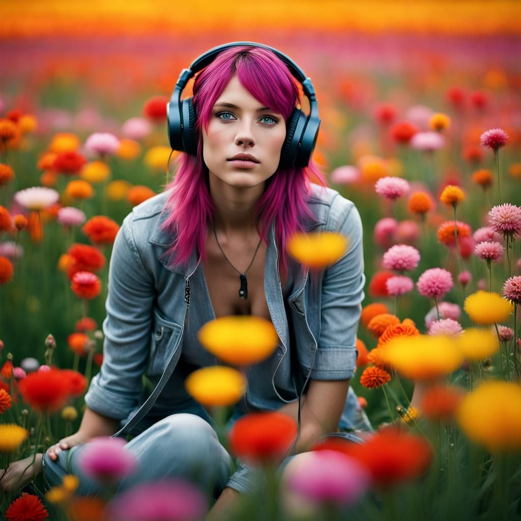 Colorful Portrait of Emo Girl in Flower Field