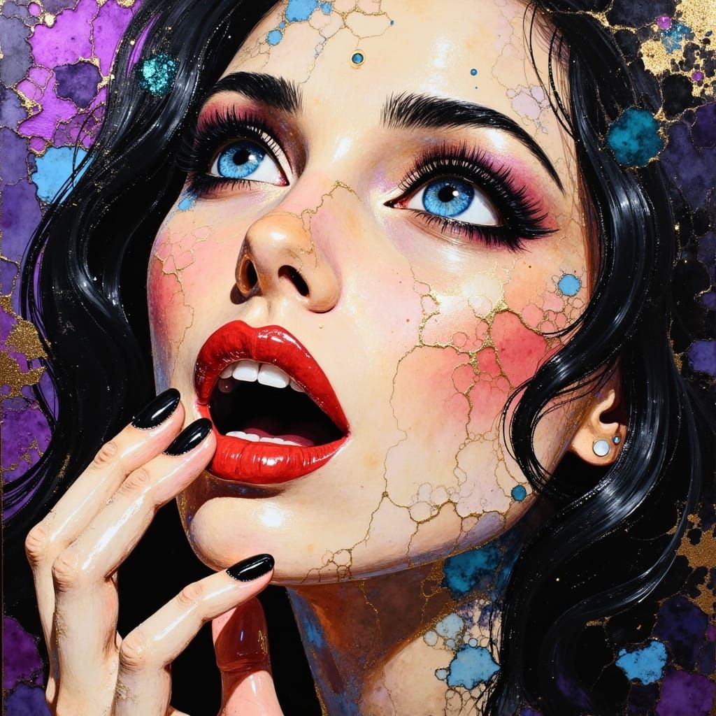 Fractured Oil Painting Portrait of Woman in Disbelief