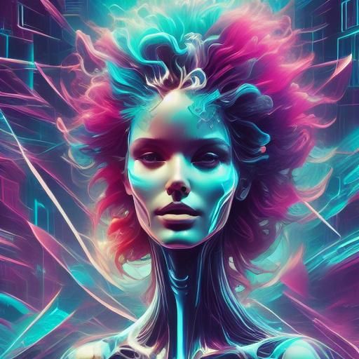 Ethereal TRON-Style Vaporwave Figure in Digital Space