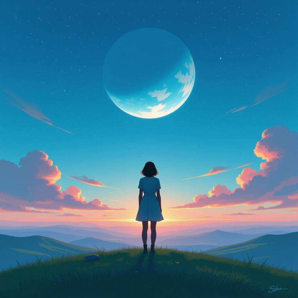 Woman Gazing at Blue Planet in Retro Sci-Fi Style