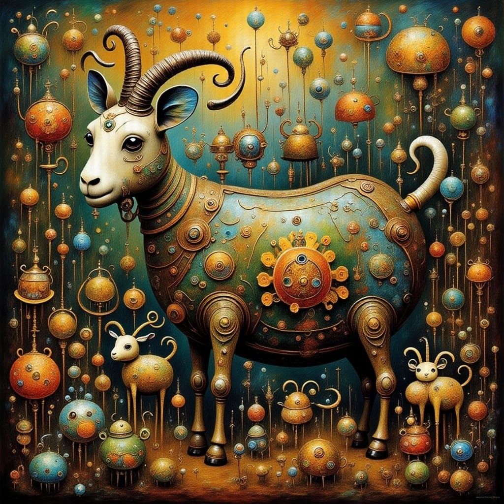 Whimsical Surreal Oil Painting of an Elongated Goat in Intri...