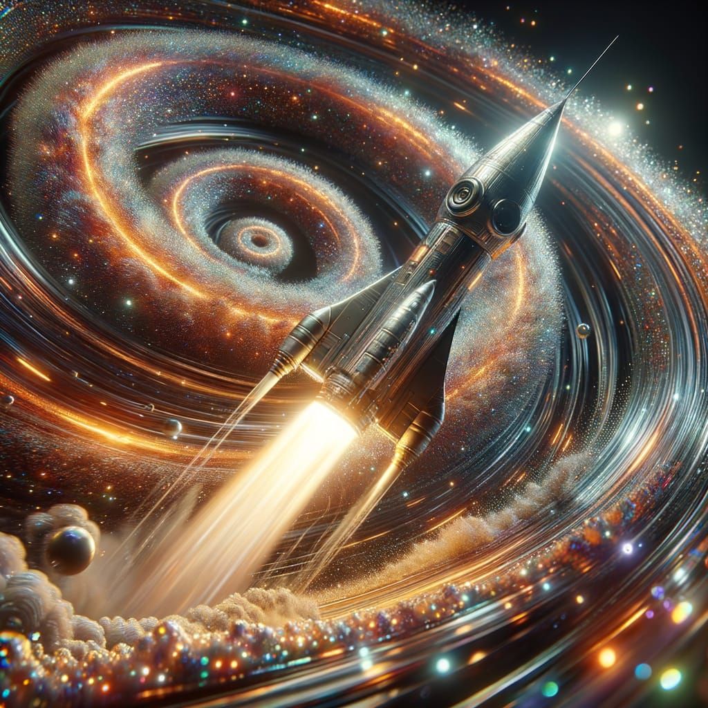 Rocket Launch in Iridescent Sparkling Space