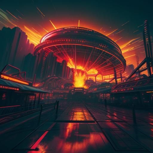 Futuristic Amusement Park: Rollercoaster in Flames